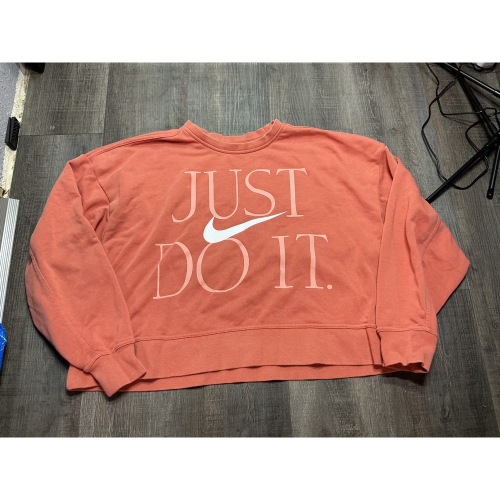 Nike Womens Dri-FIT Just Do It Cropped Sweatshirt Coral Pink Large Pullover